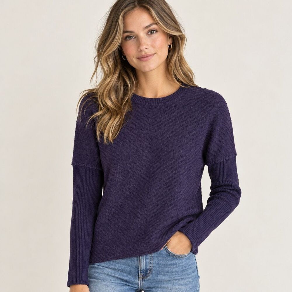 Brochu Walker Womens Purple Plum Merino Wool Ribbed Crewneck Pullover Sweater Me